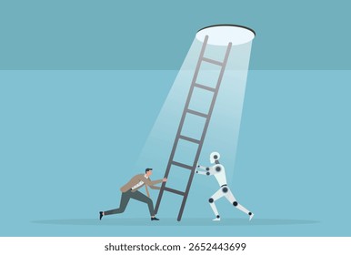 Ilustración vectorial de un hombre de negocios y un robot levantando una escalera para alcanzar el camino del éxito, simbolizando la colaboración del esfuerzo humano y la innovación de la IA para alcanzar los objetivos
