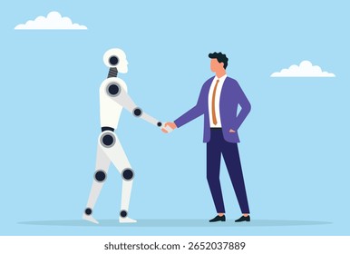 Ilustración vectorial de un hombre de negocios y un robot dándose la mano, simbolizando la colaboración y colaboración entre los humanos y la inteligencia artificial para un futuro mejor

