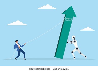 Vector illustration of a businessman and robot working together to lift a growth bar, representing the power of human and ai collaboration in driving innovation and success
