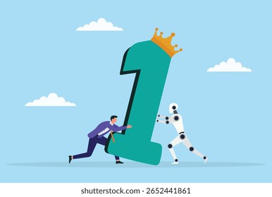 Vektorgrafik eines Geschäftsmannes und eines Roboters, der zusammenarbeitet, um eine gigantische Nummer eins zu erziehen, die die Kraft der Partnerschaft zwischen Mensch und Luft symbolisiert, um Top-Erfolg zu erzielen
