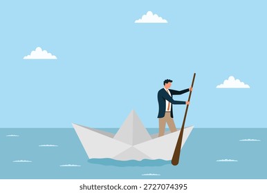 vector illustration of a businessman rowing a paper boat across the sea symbolizing leadership direction resilience independent decision making and navigating business challenges
