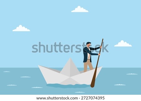 vector illustration of a businessman rowing a paper boat across the sea symbolizing leadership direction resilience independent decision making and navigating business challenges

