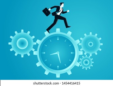 vector illustration of businessman run along o clock cogwheel. describe time management, compete, move and faster. business concept illustration 