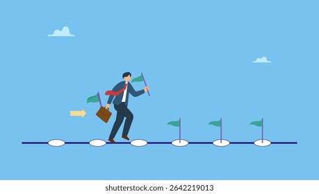 Vector illustration of businessman run to grab completed milestone success flag. Milestone or roadmap achievement, business success journey, progress to reach goal, motivation to accomplishment.