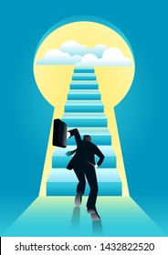 vector illustration of businessman run towards to the stairs into keyhole with bright light and clouds. business concept illustration 