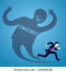 Vector illustration of businessman runaway afraid of commitment, haunted self shadow concept