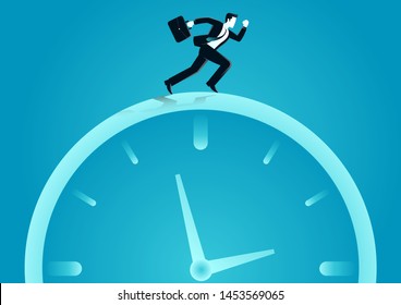 vector illustration of businessman running above a o clock. describe time is money, compete, move and faster. business concept illustration