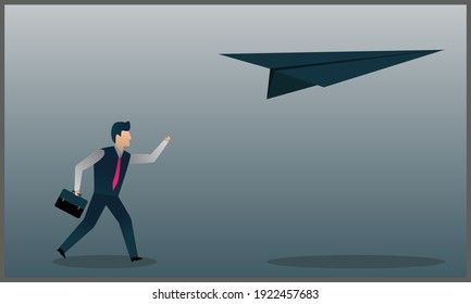 vector illustration of a businessman running after a paper plan, a symbol of challenges and ambitions. Eps 10