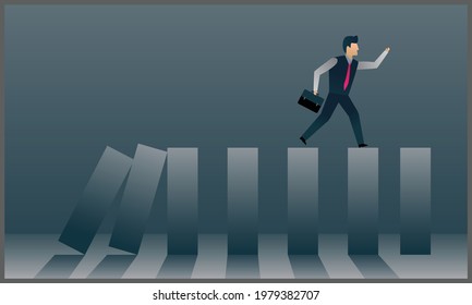 
Vector Illustration Of Businessman Running Away From Falling Domino. Concept Of Crisis Management, Finance Intervention, Tax, Debt, Fee And Bankruptcy