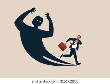 Vector illustration. Businessman running away afraid of his own inner evil monster shadow.