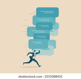 A vector illustration of a businessman running away from multiple speech bubbles representing overwhelming communication, stress, or information overload in the workplace