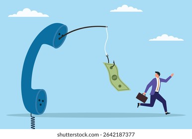 Vector illustration of a businessman running away from a fraudulent phone call, symbolizing avoidance of scams and the challenges of staying vigilant in the business world
