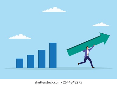 Vector illustration of a businessman running away with an upward arrow from a bar graph, representing fast growth, ambition, and confidently driving business success forward

