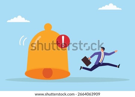 Vector illustration of a businessman running away from a large ringing notification bell with an alert icon, symbolizing urgency, missed deadlines, or avoiding important alerts
