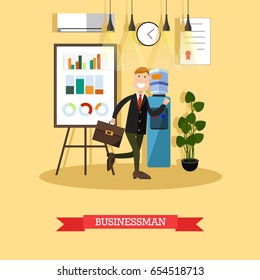 Vector illustration of businessman running with briefcase. Modern office interior, whiteboard for presentation, water cooler. Flat style design.