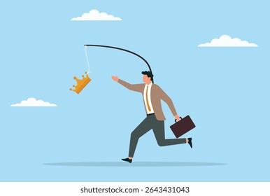Ilustración vectorial de un hombre de negocios corriendo para atrapar una corona colgando frente a él, que representa la ambición, la motivación y la búsqueda implacable del poder y el éxito
