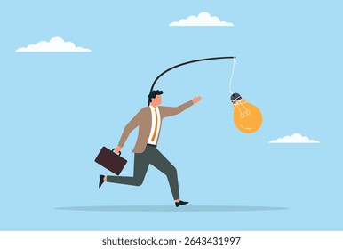 Ilustración vectorial de un hombre de negocios corriendo para atrapar una bombilla colgando frente a él, que representa la búsqueda implacable de innovación, ideas creativas y pensamiento visionario
