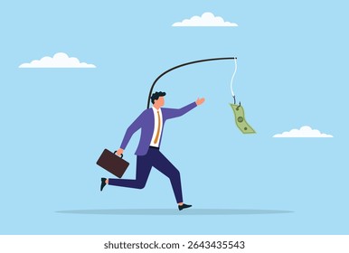 Ilustración vectorial de un hombre de negocios corriendo para atrapar dinero colgado frente a él, que simboliza la búsqueda implacable de objetivos financieros, ambición y el impulso por la riqueza
