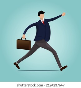 Vector illustration of businessman running forward with a briefcase in the hand. Rushing in a hurry to get on time.