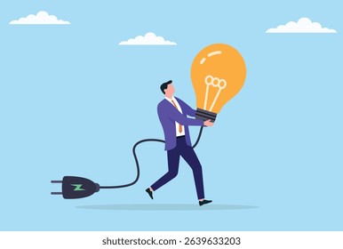 Vector illustration of a businessman running forward while holding a light bulb, symbolizing proactive innovation, pursuing new ideas, and driving progress in the business world
