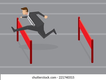 Vector illustration of a businessman running and jumping hurdles. Conceptual design for overcoming difficulties in business.