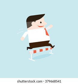 Vector illustration of a businessman is running and jumping hurdles. Conceptual design for overcoming difficulties in business.