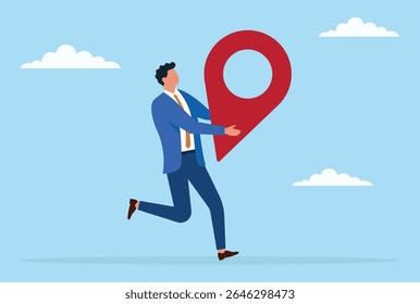 Vector illustration of a businessman running with a location icon, symbolizing ambition, speed, and focused drive to achieve strategic business goals and navigate new opportunities
