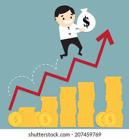 Vector illustration of  businessman running on growing bar chart and holding bag with money. Concept of  beneficial investing money. Flat design