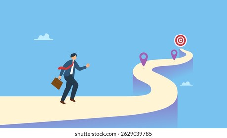 Vector illustration of businessman running on success roadmap journey. milestone or career path achievement, route or pathway to achieve goals, accomplishment, assessment or way to success.