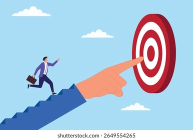 Vector illustration of a businessman running on a helping hand toward a target, symbolizing support, collaboration, determination, and striving for business success
