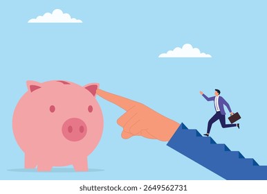 Vector illustration of a businessman running on a helping hand toward a piggy bank, symbolizing financial support, collaboration, savings, and the journey toward economic growth

