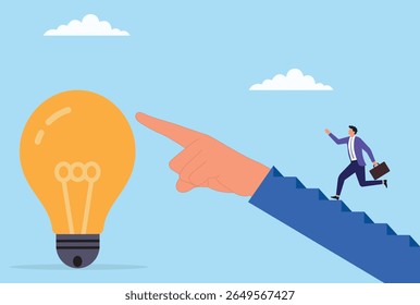 : Vector illustration of a businessman running on a helping hand toward a light bulb, representing support, collaboration, innovation, and the journey toward bright business ideas