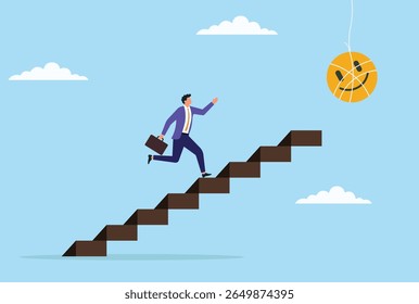 Vector illustration of a businessman running on a stair toward a smiling face icon, symbolizing the journey to earn positive customer feedback, satisfaction, and business improvement

