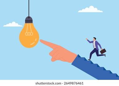 Vector illustration of a businessman running on a helping hand toward a light bulb, symbolizing guidance, support, and the journey toward innovative ideas and creativity
