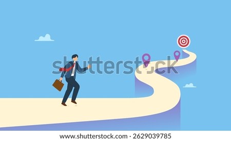 Vector illustration of businessman running on success roadmap journey. milestone or career path achievement, route or pathway to achieve goals, accomplishment, assessment or way to success.