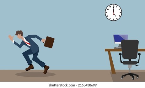 Vector Illustration Of Businessman Running Out At Quitting Time