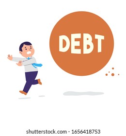 vector illustration of a businessman running scared because of being chased by a heavy burden of debt, fear of a working man because of a debt ball chasing him