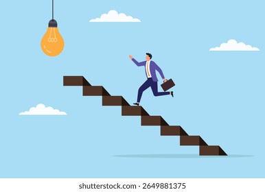 Vector illustration of a businessman running up a stair toward a light bulb, symbolizing the pursuit of innovation, growth, bright ideas, and creative business solutions
