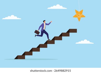 Vector illustration of a businessman running up a stair toward a star, symbolizing the journey toward positive customer reviews, high ratings, and business excellence

