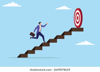 Ilustração vetorial de um empresário subindo escadas em direção a um alvo, simbolizando determinação, realização do objetivo, progressão na carreira e a busca do sucesso nos negócios
