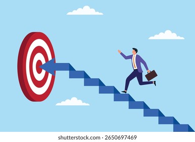 Vector illustration of a businessman running up a stairway toward a target, following clear directions, symbolizing focused effort, goal setting, and the path to success

