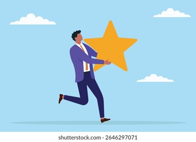Vector illustration of a businessman running with a star sign in his hand, symbolizing ambition, drive, and the relentless pursuit of positive customer reviews and business success
