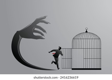 Vector illustration of a businessman running toward cage pursued by his own evil hand shadow