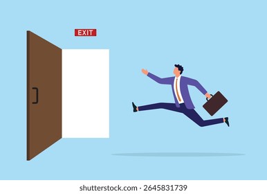 Vector illustration of a businessman running toward an emergency exit, symbolizing urgency, quick decision making, and proactive action in times of crisis or critical moments
