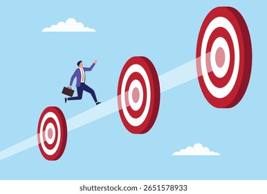 Vector illustration of a businessman running toward short term, mid term, and long term targets, symbolizing goal oriented strategy, business growth, and future planning
