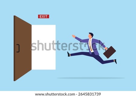 Vector illustration of a businessman running toward an emergency exit, symbolizing urgency, quick decision making, and proactive action in times of crisis or critical moments

