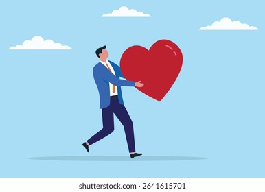 Vector illustration of a businessman running while holding a love icon, symbolizing the active pursuit of customer loyalty, emotional connection, and positive brand engagement
