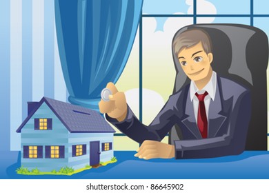 A vector illustration of a businessman saving money into a house shaped piggy bank
