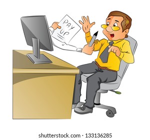 Vector illustration of businessman scared by looking at hands of a computer  monitor, asking him to make payment of his expensive bill.
