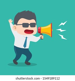 Vector illustration of a businessman screaming using a megaphone, with a turquoise background
